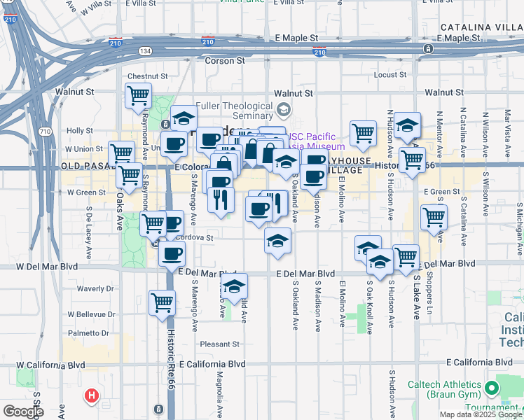 map of restaurants, bars, coffee shops, grocery stores, and more near 133 South Los Robles Avenue in Pasadena