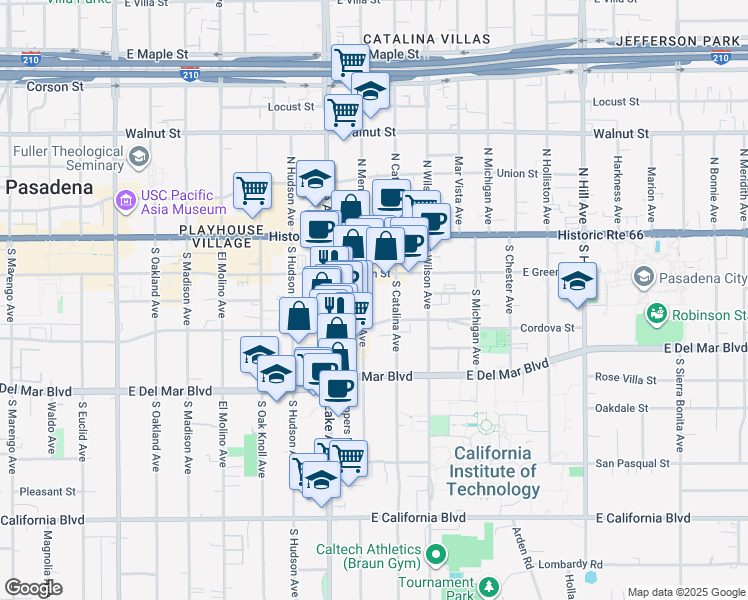 map of restaurants, bars, coffee shops, grocery stores, and more near 120 South Mentor Avenue in Pasadena