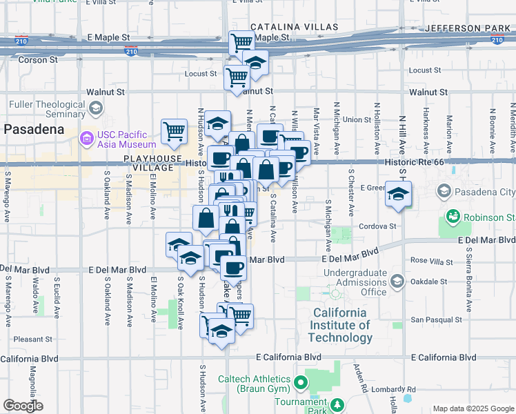 map of restaurants, bars, coffee shops, grocery stores, and more near 120 South Mentor Avenue in Pasadena