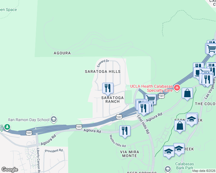 map of restaurants, bars, coffee shops, grocery stores, and more near 27018 De Berry Drive in Agoura Hills