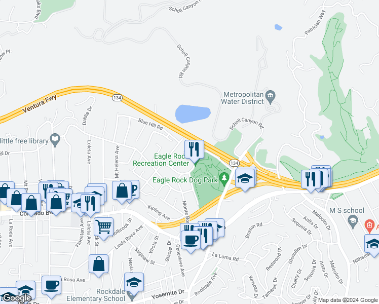 map of restaurants, bars, coffee shops, grocery stores, and more near 5356 Waldo Place in Los Angeles