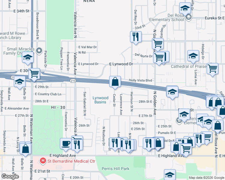 map of restaurants, bars, coffee shops, grocery stores, and more near 2830 Cedar Street in San Bernardino