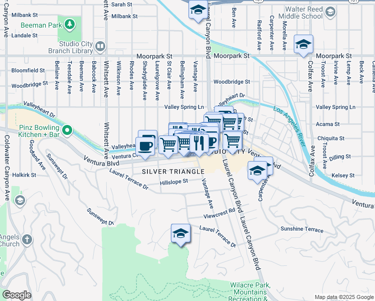 map of restaurants, bars, coffee shops, grocery stores, and more near 12191 Ventura Boulevard in Los Angeles