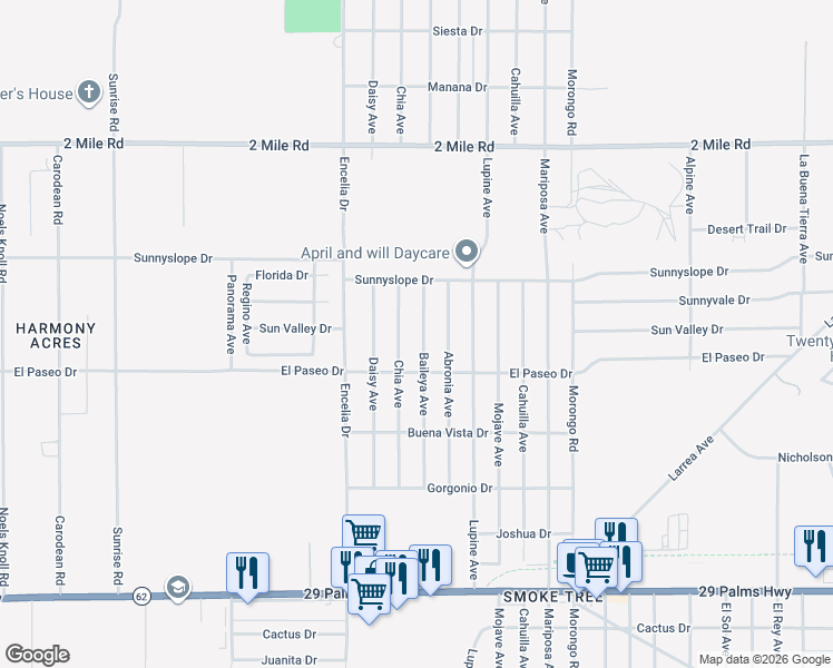 map of restaurants, bars, coffee shops, grocery stores, and more near 6070 Baileya Avenue in Twentynine Palms