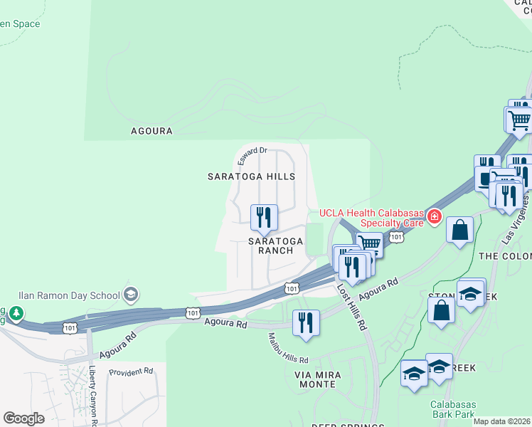 map of restaurants, bars, coffee shops, grocery stores, and more near 5204 Ambridge Drive in Agoura Hills