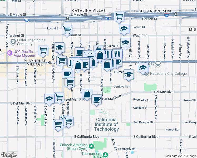 map of restaurants, bars, coffee shops, grocery stores, and more near 1153 Cordova Street in Pasadena