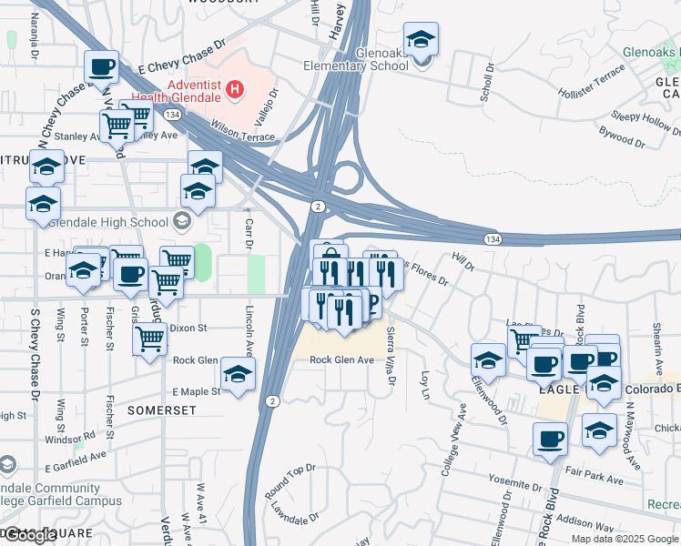 map of restaurants, bars, coffee shops, grocery stores, and more near 2767 West Broadway in Los Angeles