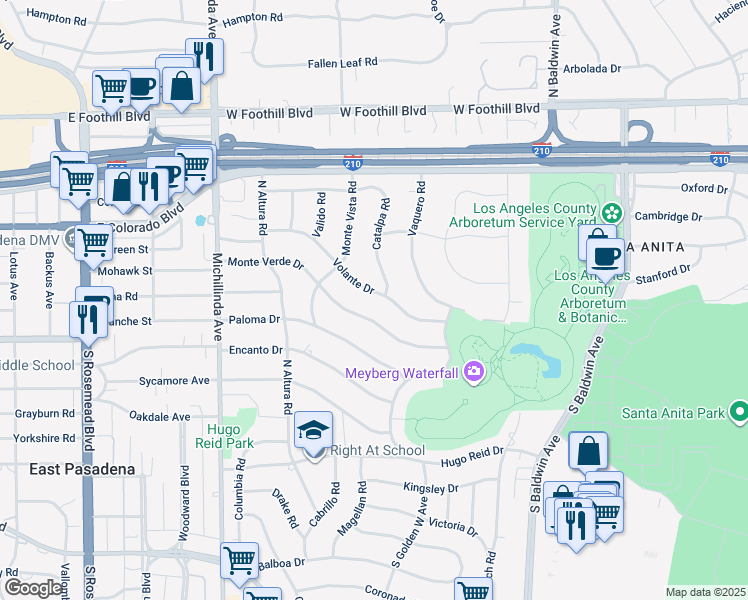 map of restaurants, bars, coffee shops, grocery stores, and more near 942 Volante Drive in Arcadia