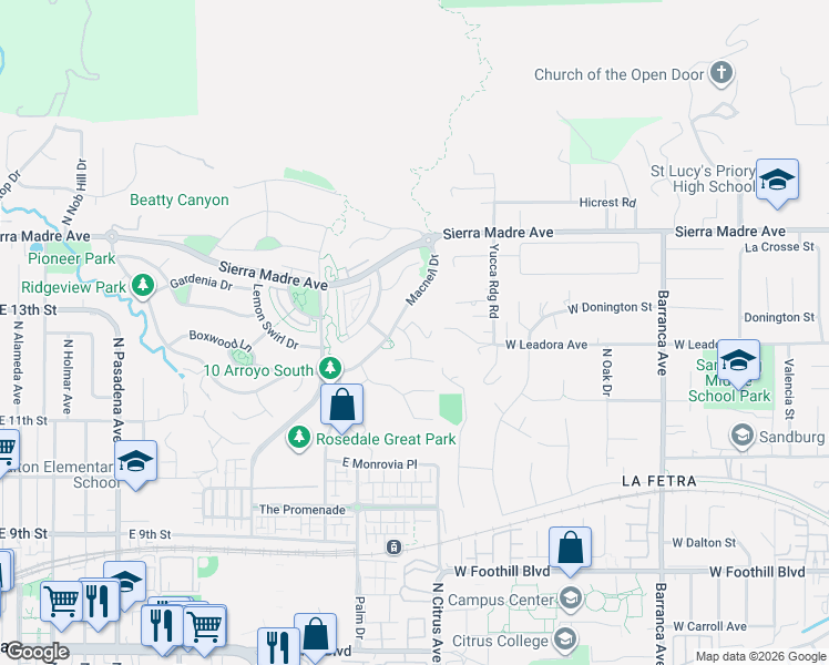 map of restaurants, bars, coffee shops, grocery stores, and more near 1258 North Lindley Street in Azusa