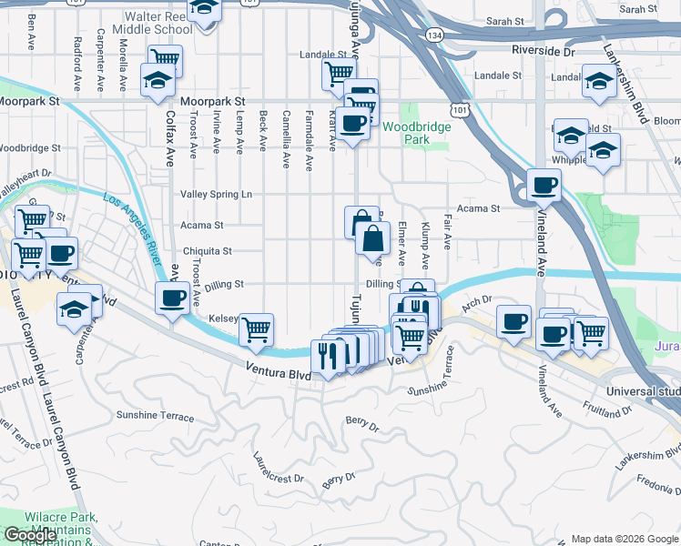 map of restaurants, bars, coffee shops, grocery stores, and more near 4140 Kraft Avenue in Los Angeles