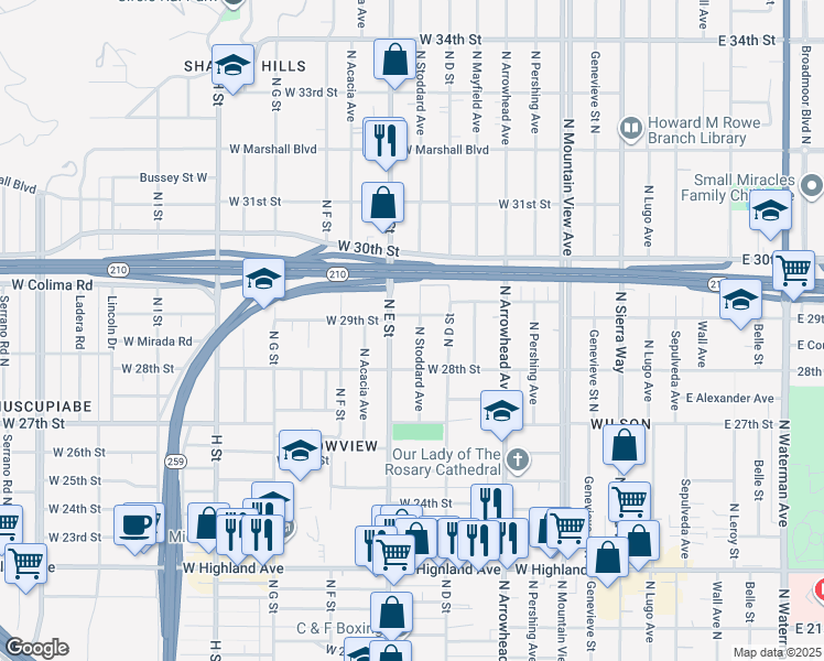 map of restaurants, bars, coffee shops, grocery stores, and more near 2872 North Stoddard Avenue in San Bernardino