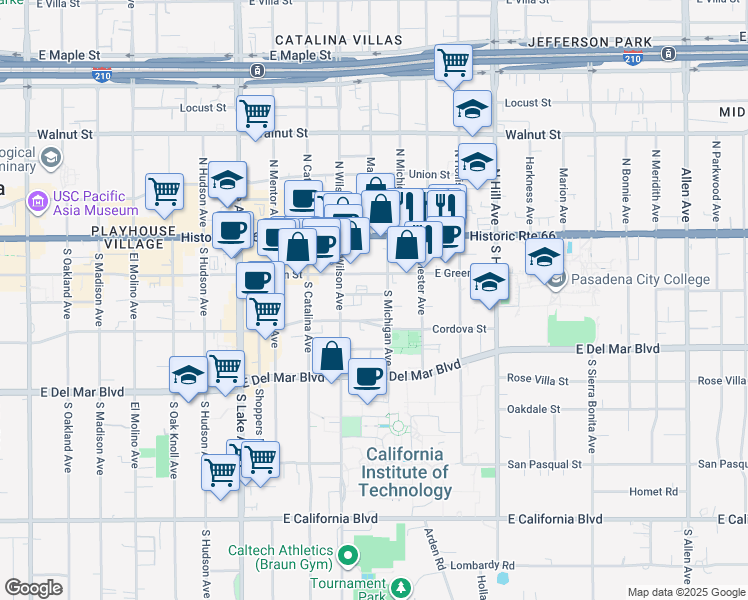 map of restaurants, bars, coffee shops, grocery stores, and more near 1156 Steuben Street in Pasadena