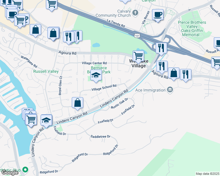 map of restaurants, bars, coffee shops, grocery stores, and more near 4233 Abbington Court in Westlake Village