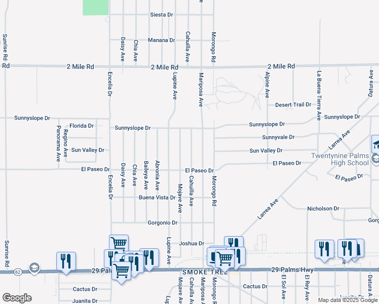 map of restaurants, bars, coffee shops, grocery stores, and more near 6026 Cahuilla Avenue in Twentynine Palms