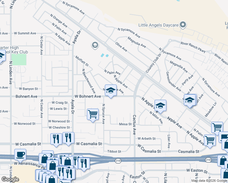 map of restaurants, bars, coffee shops, grocery stores, and more near 858 West Bohnert Avenue in Rialto