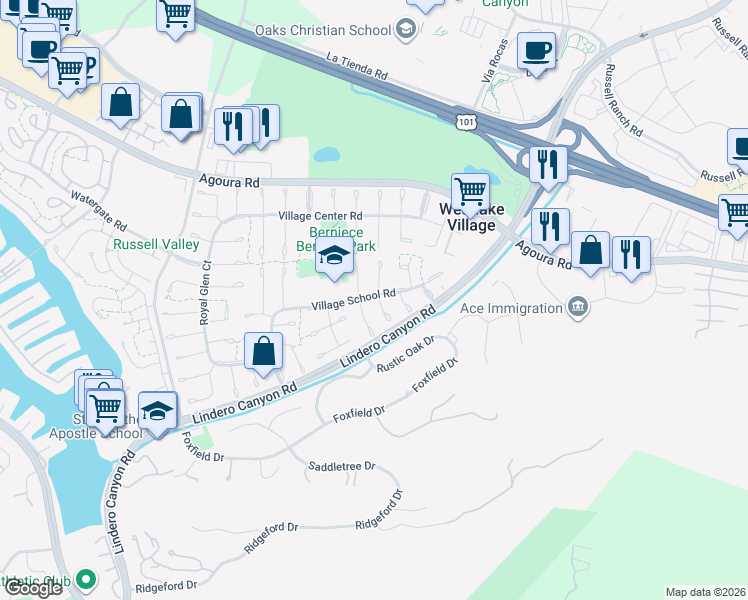 map of restaurants, bars, coffee shops, grocery stores, and more near 4233 Abbington Court in Westlake Village