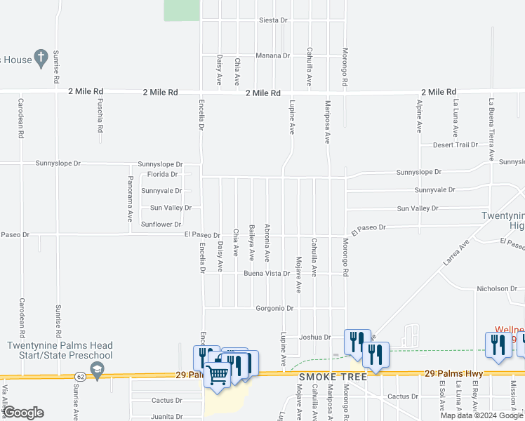 map of restaurants, bars, coffee shops, grocery stores, and more near 6028 Abronia Avenue in Twentynine Palms
