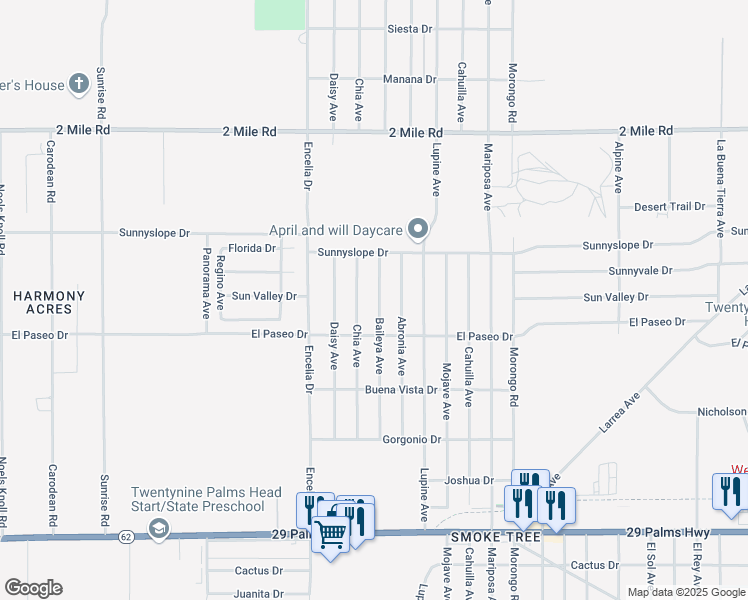 map of restaurants, bars, coffee shops, grocery stores, and more near 6070 Baileya Avenue in Twentynine Palms