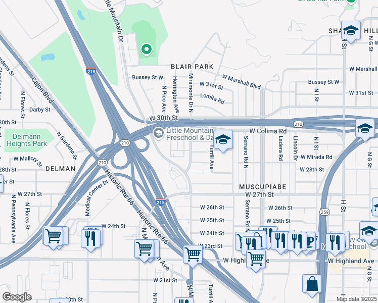 map of restaurants, bars, coffee shops, grocery stores, and more near 1298 West Mirada Road in San Bernardino