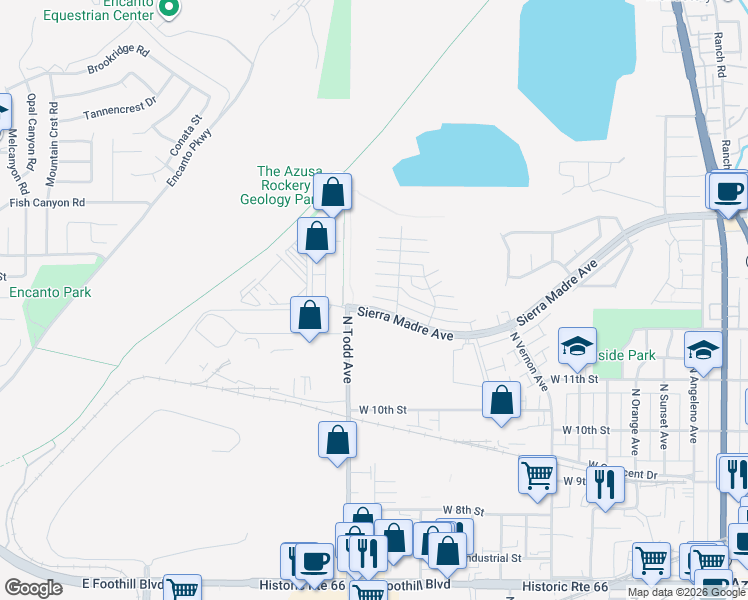 map of restaurants, bars, coffee shops, grocery stores, and more near 1145 Sierra Madre Avenue in Azusa