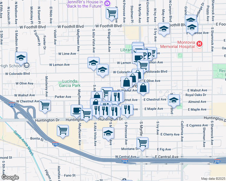 map of restaurants, bars, coffee shops, grocery stores, and more near 257 West Chestnut Avenue in Monrovia