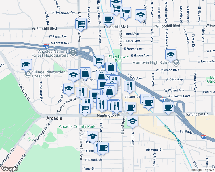 map of restaurants, bars, coffee shops, grocery stores, and more near 118 East Saint Joseph Street in Arcadia