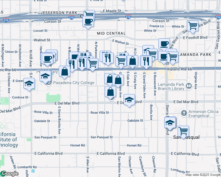 map of restaurants, bars, coffee shops, grocery stores, and more near 173 South Berkeley Avenue in Pasadena