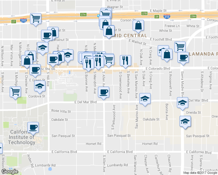 map of restaurants, bars, coffee shops, grocery stores, and more near 164 South Allen Avenue in Pasadena