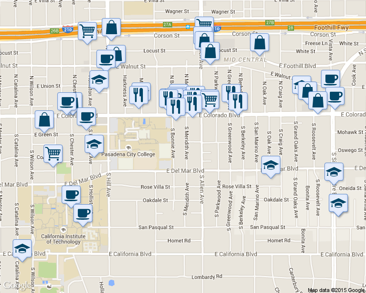 map of restaurants, bars, coffee shops, grocery stores, and more near 159 South Meridith Avenue in Pasadena