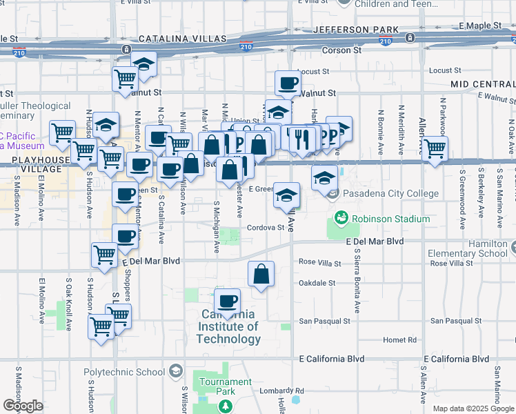 map of restaurants, bars, coffee shops, grocery stores, and more near 1299 Cordova Street in Pasadena