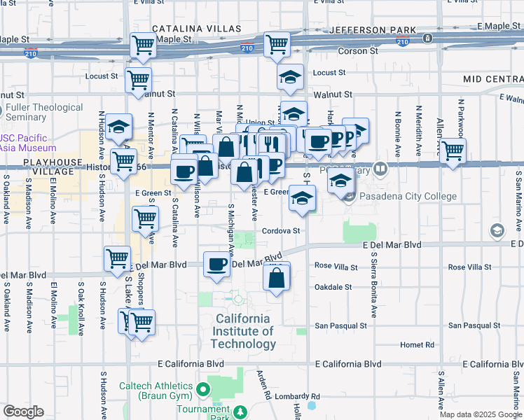 map of restaurants, bars, coffee shops, grocery stores, and more near 1299 Cordova Street in Pasadena