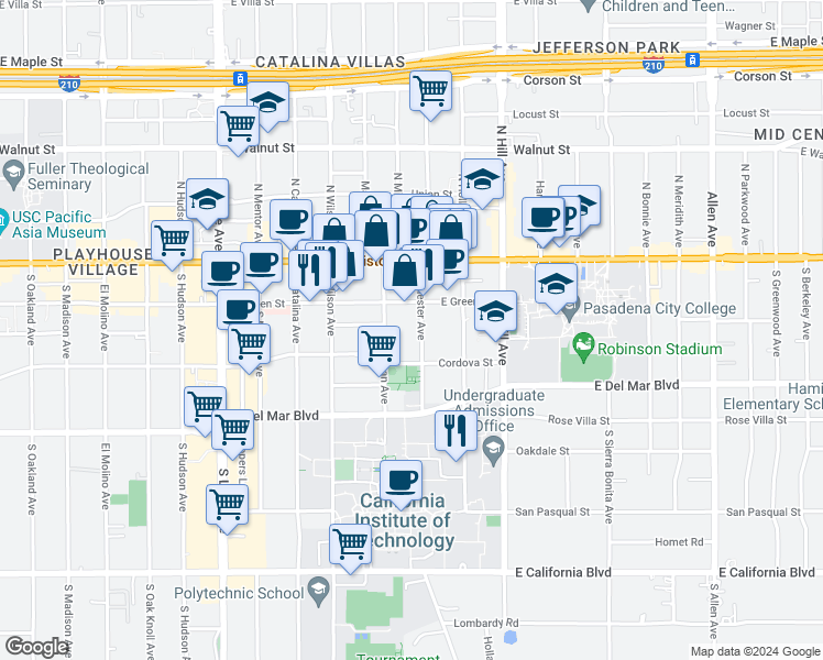 map of restaurants, bars, coffee shops, grocery stores, and more near 232 South Michigan Avenue in Pasadena