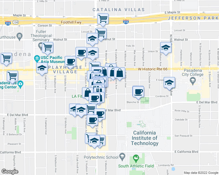 map of restaurants, bars, coffee shops, grocery stores, and more near 169 South Mentor Avenue in Pasadena