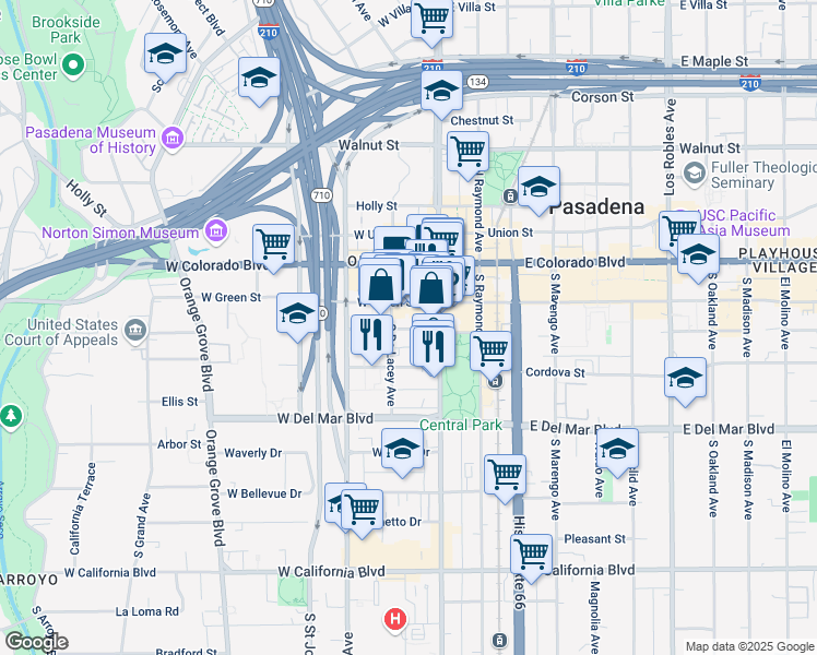 map of restaurants, bars, coffee shops, grocery stores, and more near in Pasadena