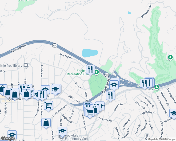 map of restaurants, bars, coffee shops, grocery stores, and more near 1143 Eagle Vista Drive in Los Angeles