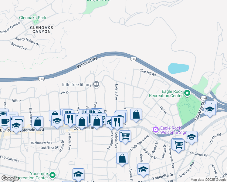 map of restaurants, bars, coffee shops, grocery stores, and more near 5263 Loleta Avenue in Los Angeles