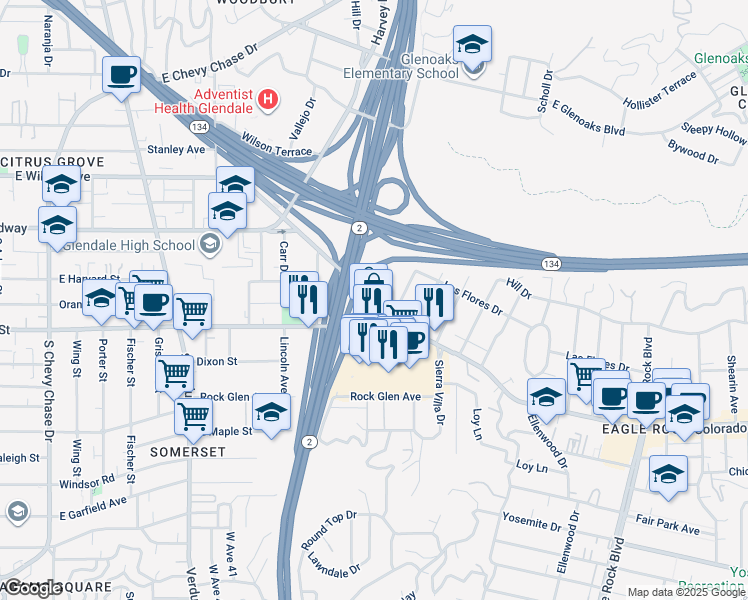 map of restaurants, bars, coffee shops, grocery stores, and more near 2750 West Broadway in Los Angeles