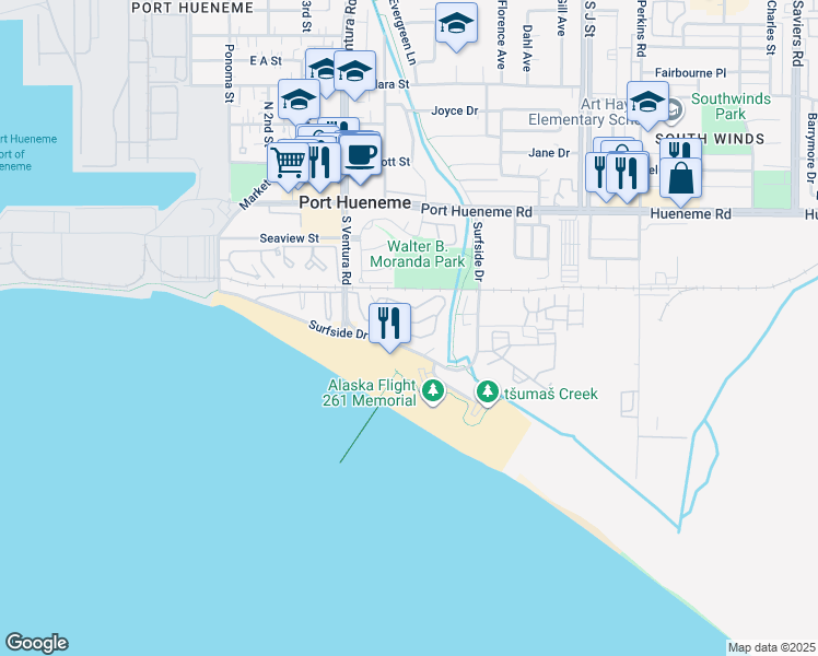 map of restaurants, bars, coffee shops, grocery stores, and more near 668 Island View Circle in Port Hueneme