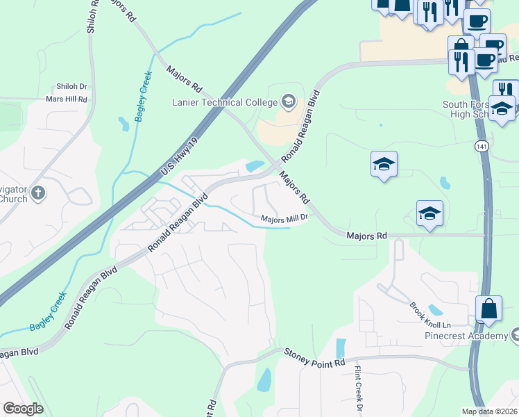 map of restaurants, bars, coffee shops, grocery stores, and more near 8315 Majors Mill Drive in Cumming