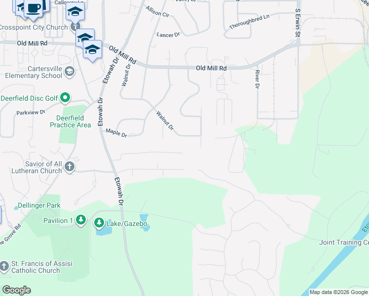 map of restaurants, bars, coffee shops, grocery stores, and more near 26 Ridgewood Drive in Cartersville
