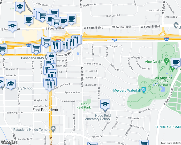map of restaurants, bars, coffee shops, grocery stores, and more near 1126 La Rosa Road in Arcadia
