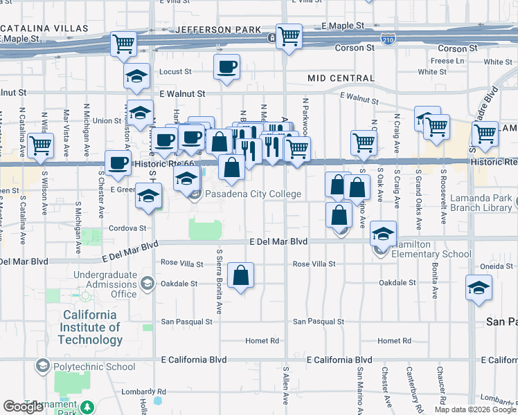 map of restaurants, bars, coffee shops, grocery stores, and more near 159 South Meridith Avenue in Pasadena