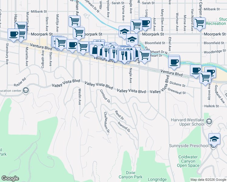 map of restaurants, bars, coffee shops, grocery stores, and more near 13438 Valley Vista Boulevard in Los Angeles