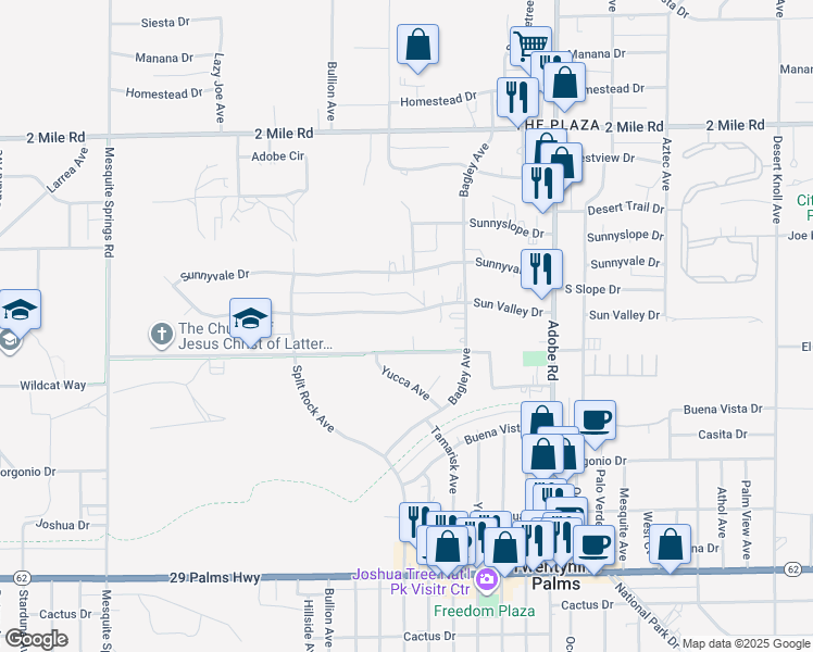 map of restaurants, bars, coffee shops, grocery stores, and more near 73433 Sun Valley Drive in Twentynine Palms