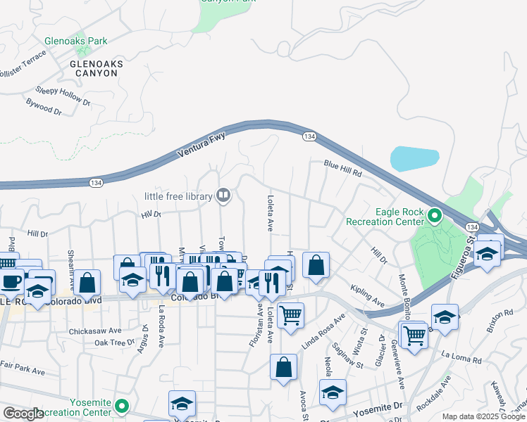 map of restaurants, bars, coffee shops, grocery stores, and more near 5263 Loleta Avenue in Los Angeles