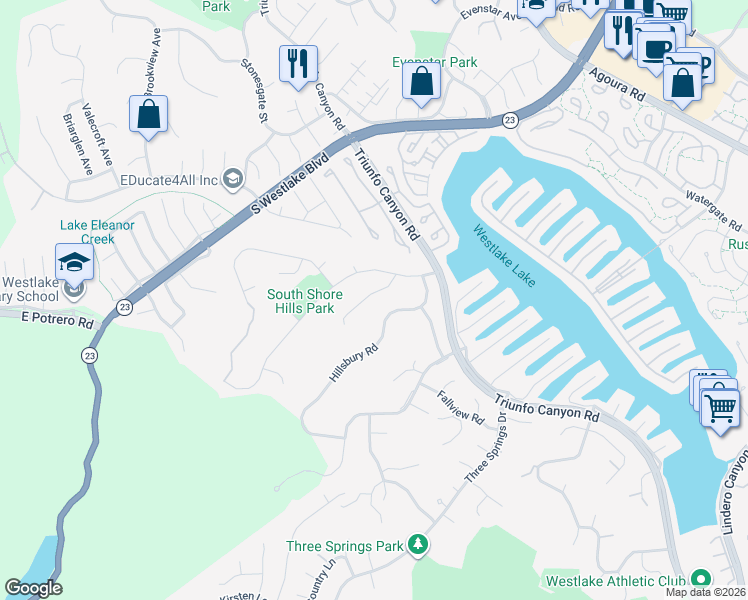 map of restaurants, bars, coffee shops, grocery stores, and more near 1538 Folkestone Terrace in Westlake Village