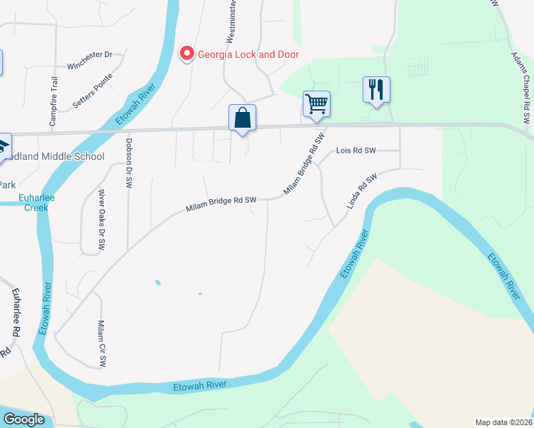 map of restaurants, bars, coffee shops, grocery stores, and more near 83 Milam Bridge Road Southwest in Euharlee