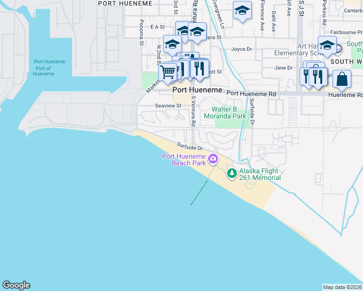 map of restaurants, bars, coffee shops, grocery stores, and more near 250 East Surfside Drive in Port Hueneme