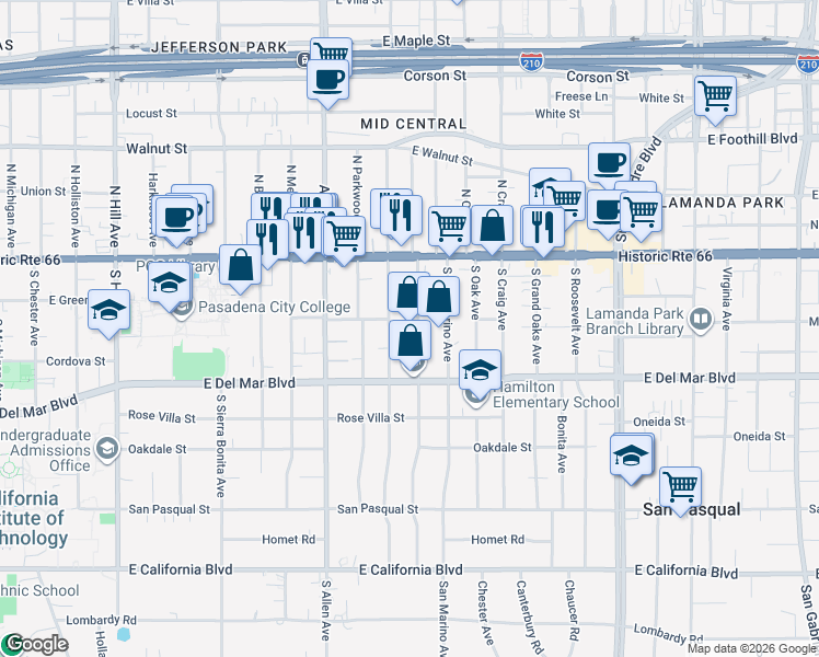 map of restaurants, bars, coffee shops, grocery stores, and more near 125 South Berkeley Avenue in Pasadena