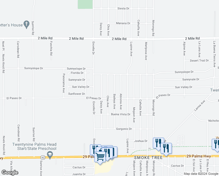 map of restaurants, bars, coffee shops, grocery stores, and more near 6033 Chia Avenue in Twentynine Palms